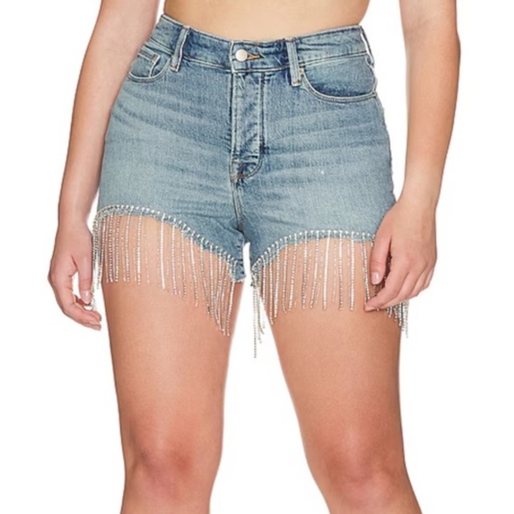 Good American Bombshell Embellished Denim Shorts with rhinestone fringe